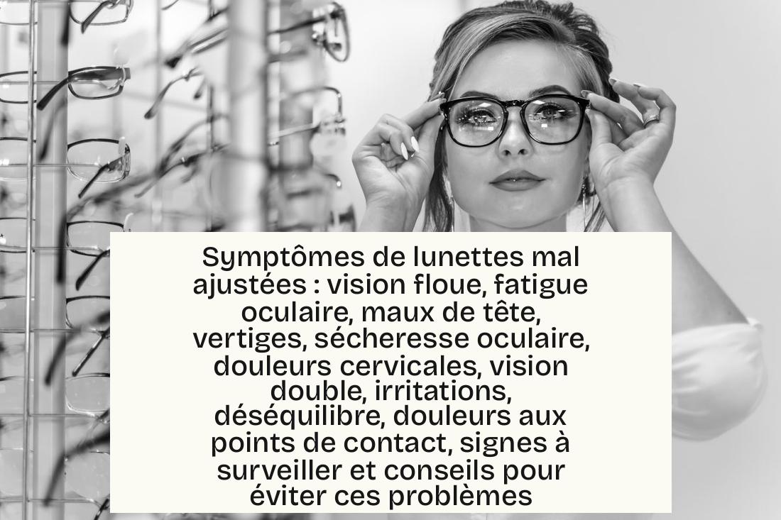 Symptômes de lunettes mal ajustées : vision floue, fatigue oculaire, maux de tête, vertiges, sécheresse oculaire, douleurs cervicales, vision double, irritations, déséquilibre, douleurs aux points de contact, signes à surveiller et conseils pour éviter ces problèmes